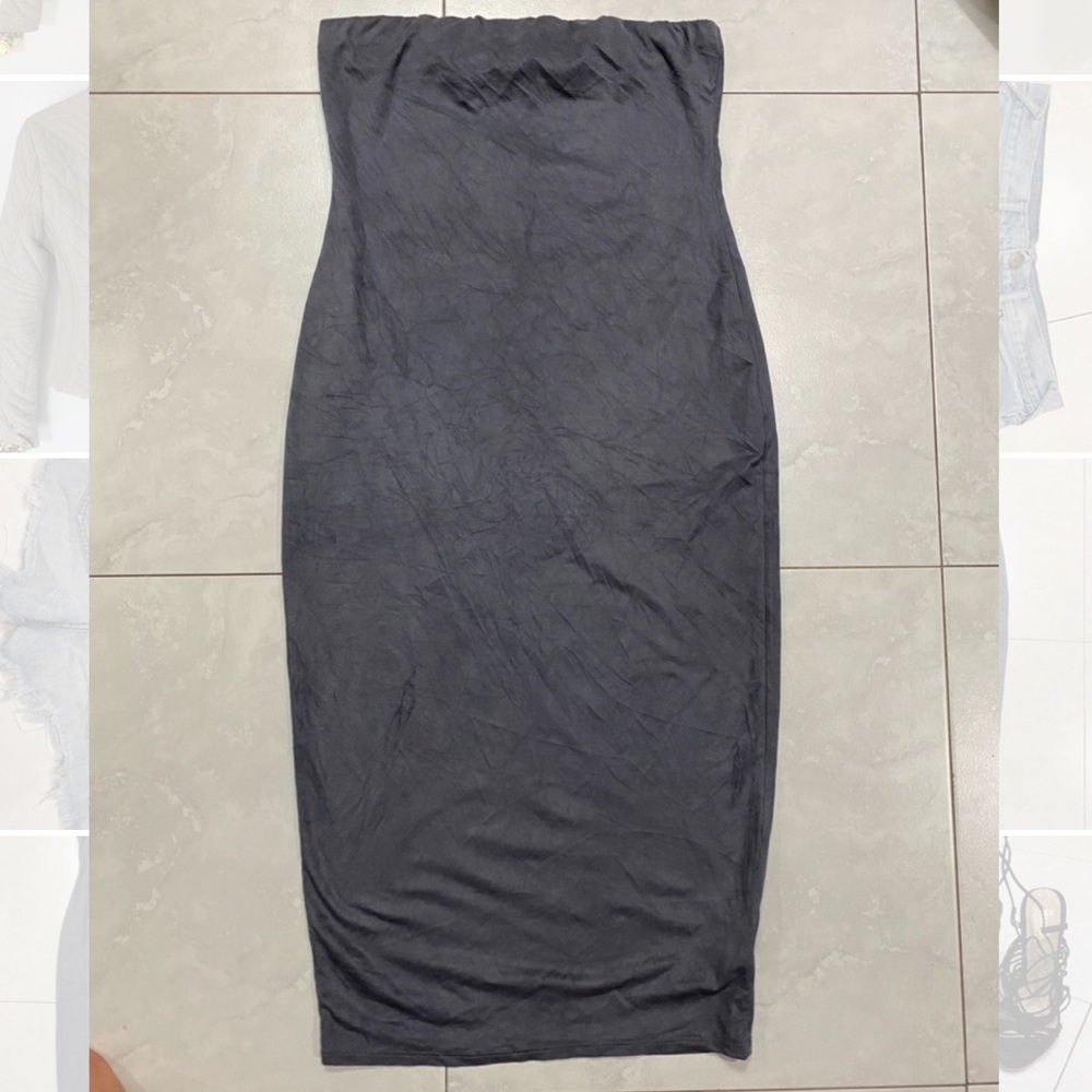 Strapless Suede Fitted Midi Dress